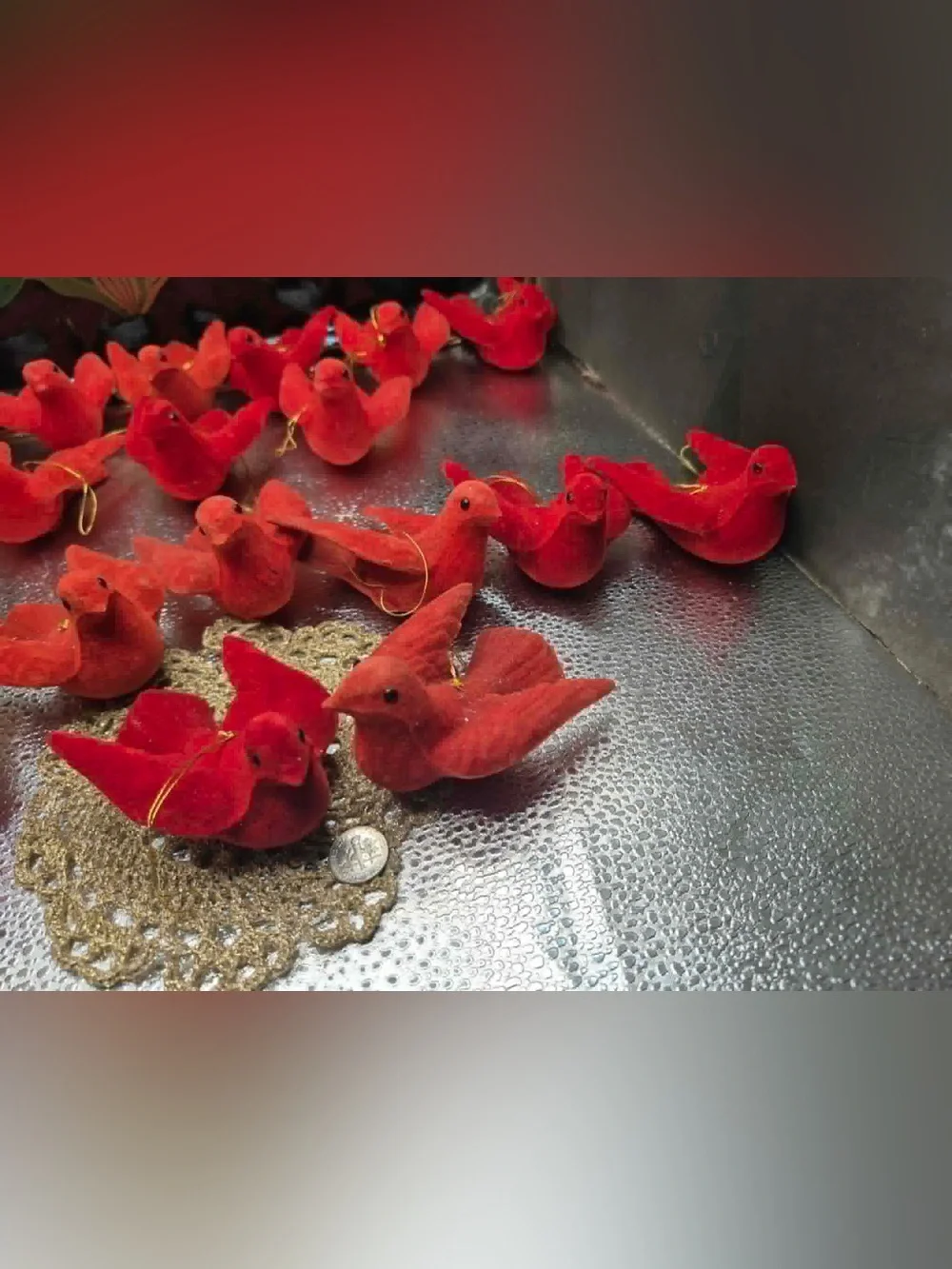 MCM Vintage Christmas Tree Ornaments Set 11 Flocked Red Felt Doves / Cardinals